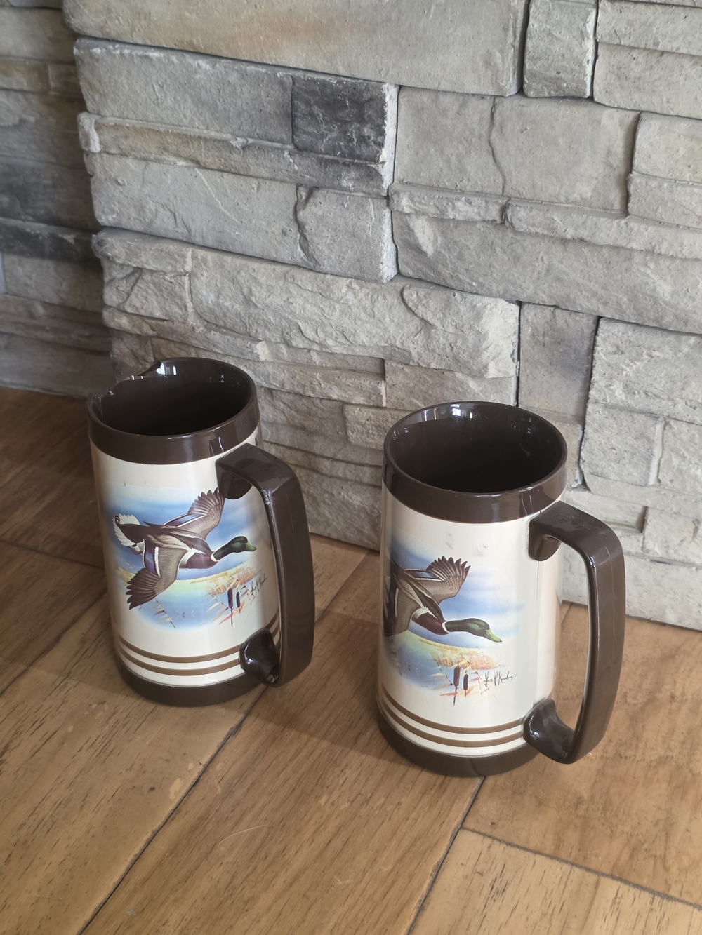 Two Duck-Print Plastic Travel Mugs - Brown & Cream - Thermo-Serv Brand